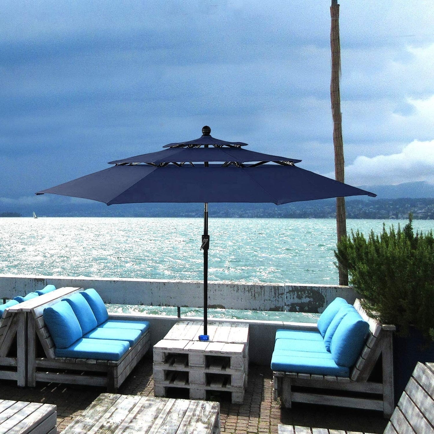 MAISON ARTS Parasol de jardin inclinable automatique à 3 niveaux de 3 mètres avec lumières LED et double ventilation