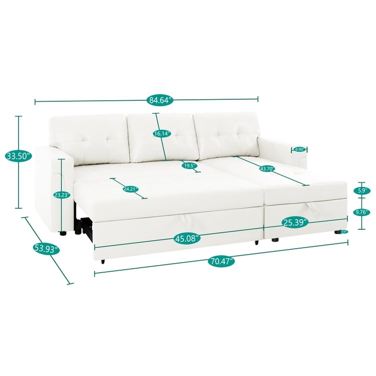 Canapé d'angle convertible et réversible avec lit escamotable, chaise longue avec rangement intégré et pieds robustes.