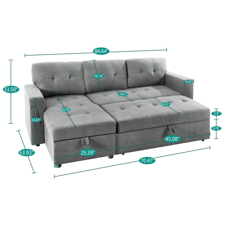 Canapé d'angle convertible et réversible avec lit escamotable, chaise longue avec rangement intégré et pieds robustes.