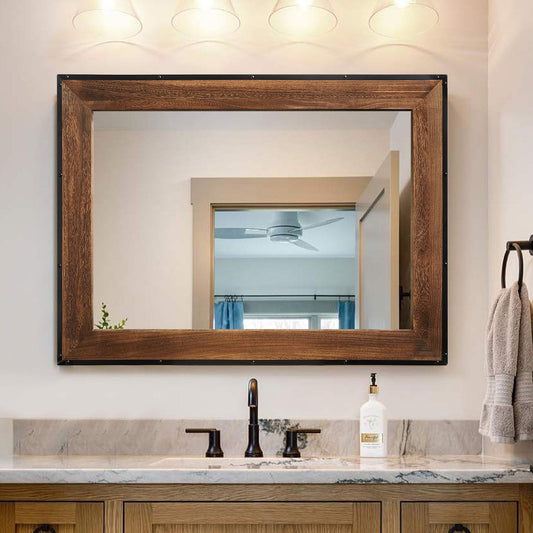 Grand miroir de coiffeuse mural à cadre en bois et fer naturel de style rustique