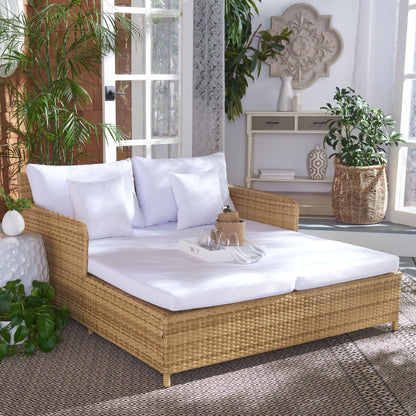 SAFAVIEH Taniyah, méridienne en osier d'extérieur avec coussins et oreillers - 135L x 71P x 157H (cm)