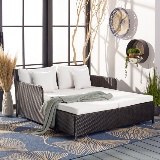 SAFAVIEH Taniyah, méridienne en osier d'extérieur avec coussins et oreillers - 135L x 71P x 157H (cm)