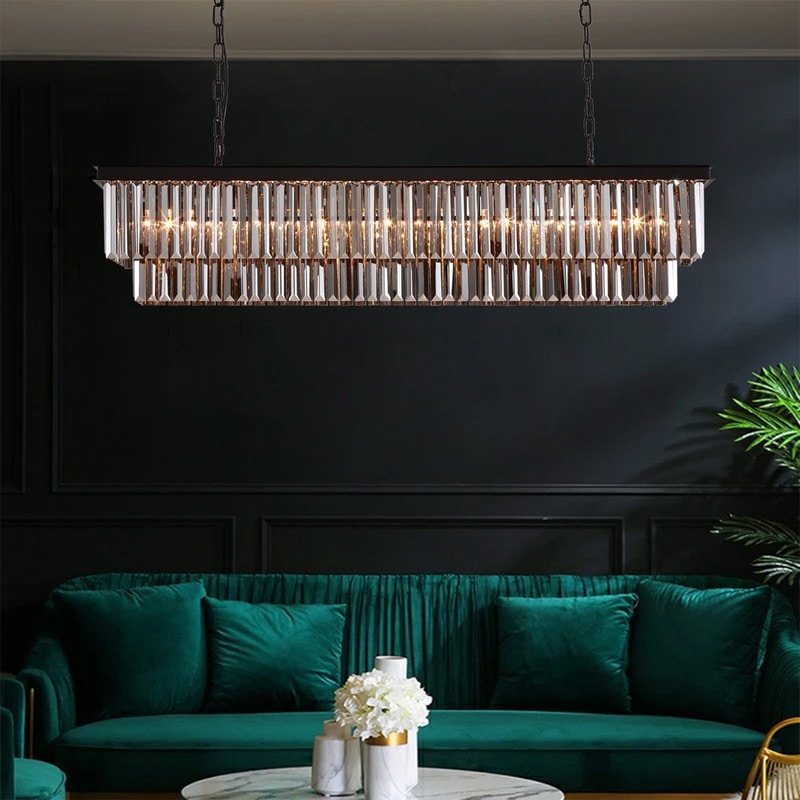 Luminaire suspendu à 2 niveaux pour îlot de cuisine, salle à manger, style moderne et contemporain, en cristal gris fumé et noir, 47 po.