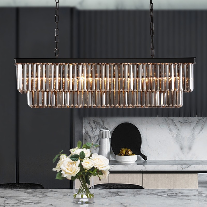 Luminaire suspendu à 2 niveaux pour îlot de cuisine, salle à manger, style moderne et contemporain, en cristal gris fumé et noir, 47 po.