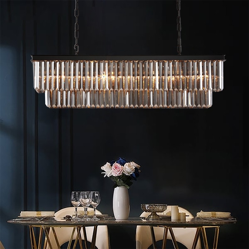Luminaire suspendu à 2 niveaux pour îlot de cuisine, salle à manger, style moderne et contemporain, en cristal gris fumé et noir, 47 po.