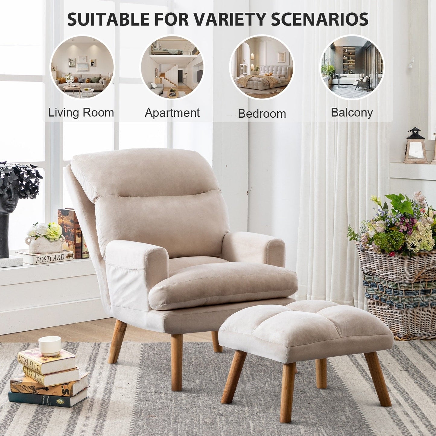 Fauteuil de salon confortable en tissu avec dossier et repose-pieds réglables