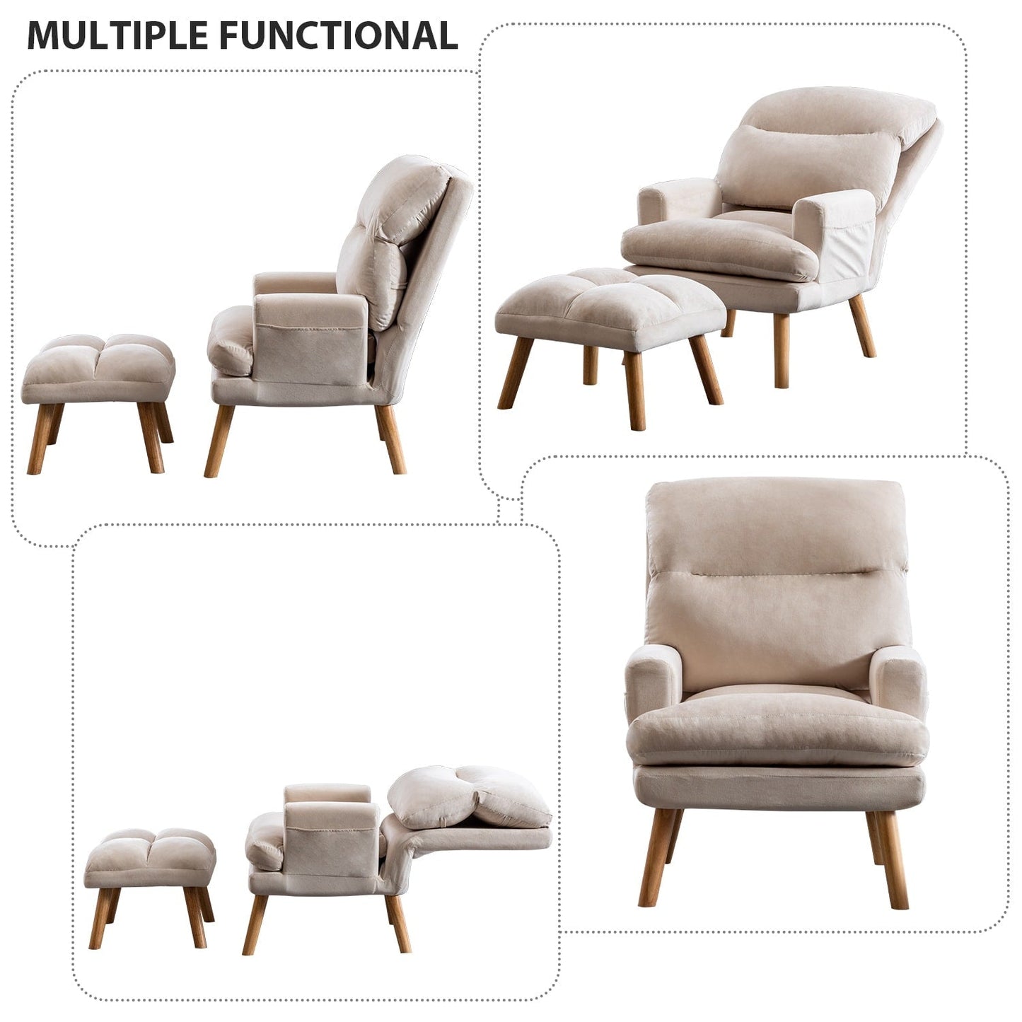 Fauteuil de salon confortable en tissu avec dossier et repose-pieds réglables