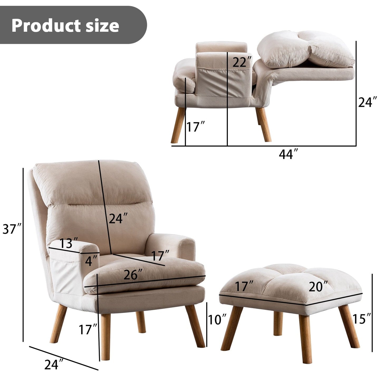 Fauteuil de salon confortable en tissu avec dossier et repose-pieds réglables