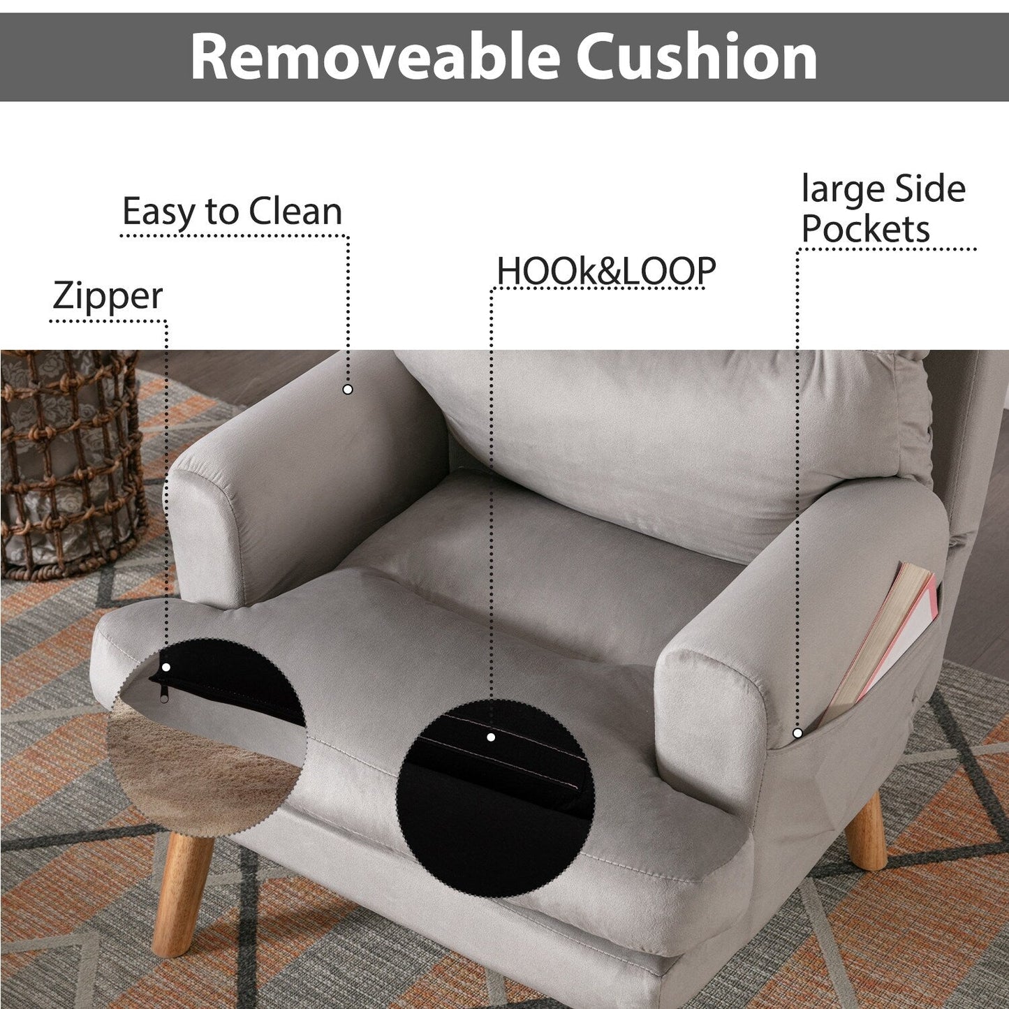 Fauteuil de salon confortable en tissu avec dossier et repose-pieds réglables
