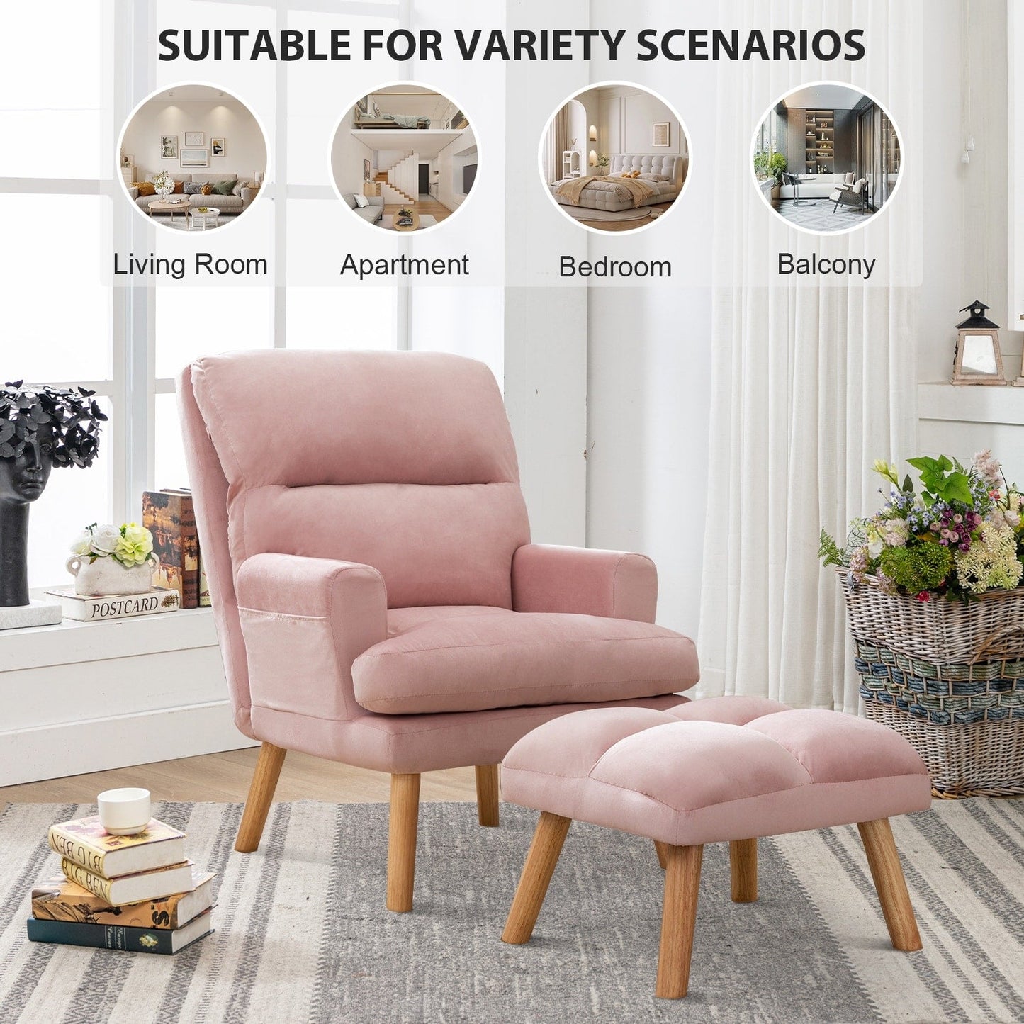 Fauteuil de salon confortable en tissu avec dossier et repose-pieds réglables