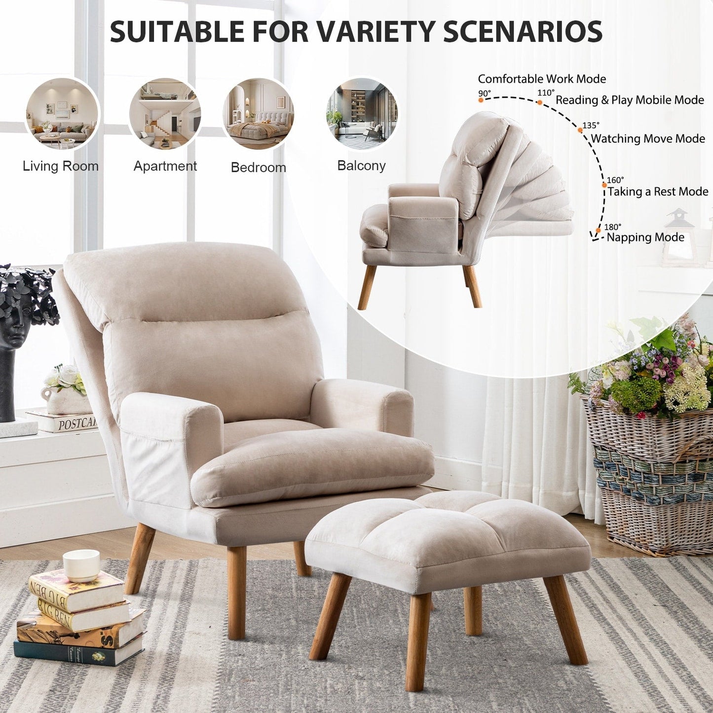 Fauteuil de salon confortable en tissu avec dossier et repose-pieds réglables