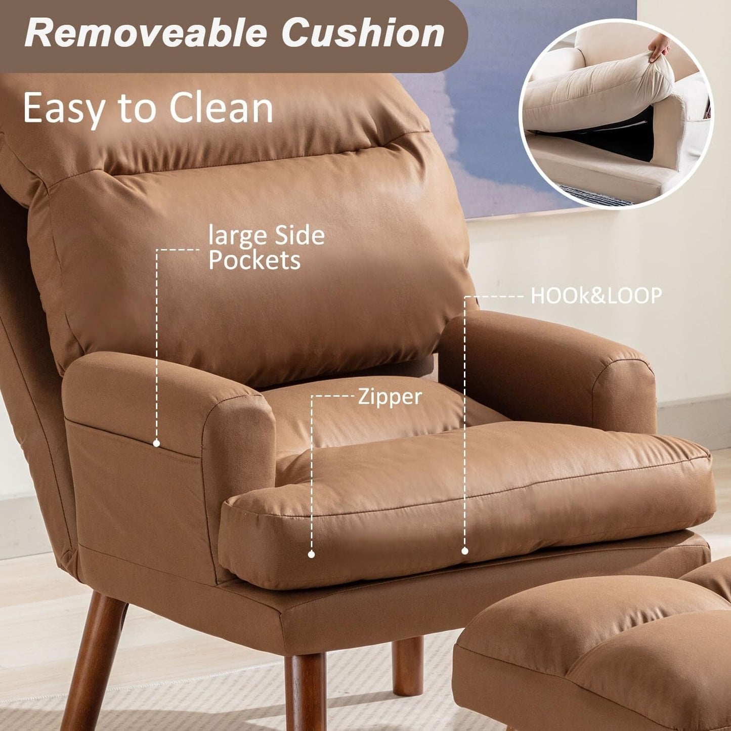 Fauteuil de salon confortable en tissu avec dossier et repose-pieds réglables