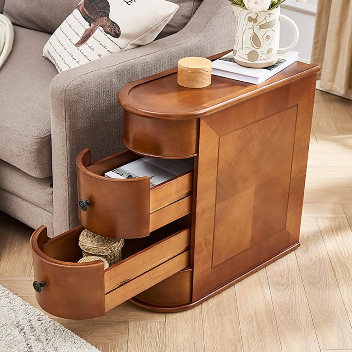 Table d'appoint en bois massif, table de chevet étroite à deux tiroirs, modèle Slim