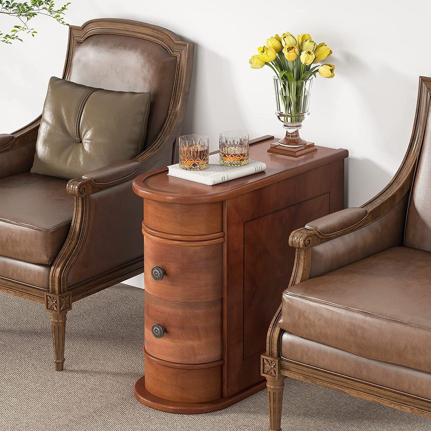 Table d'appoint en bois massif, table de chevet étroite à deux tiroirs, modèle Slim