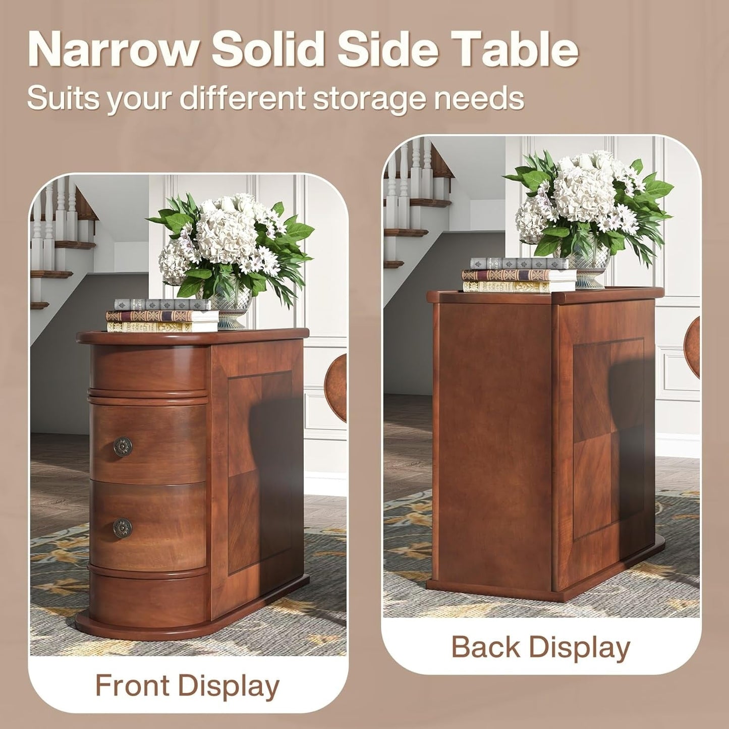Table d'appoint en bois massif, table de chevet étroite à deux tiroirs, modèle Slim