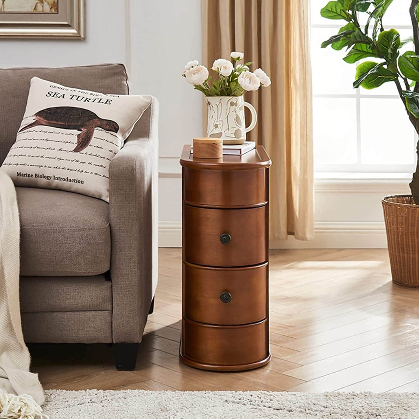 Table d'appoint en bois massif, table de chevet étroite à deux tiroirs, modèle Slim