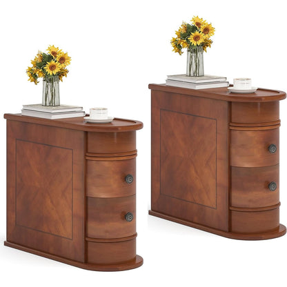 Table d'appoint en bois massif, table de chevet étroite à deux tiroirs, modèle Slim