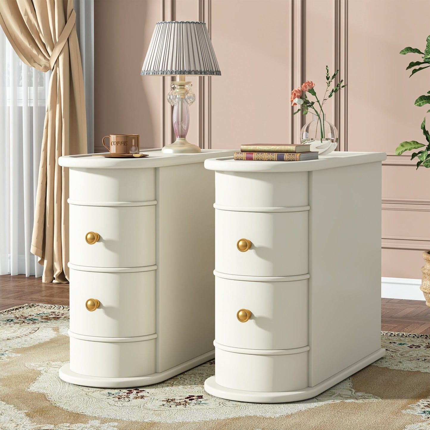 Table d'appoint en bois massif, table de chevet étroite à deux tiroirs, modèle Slim