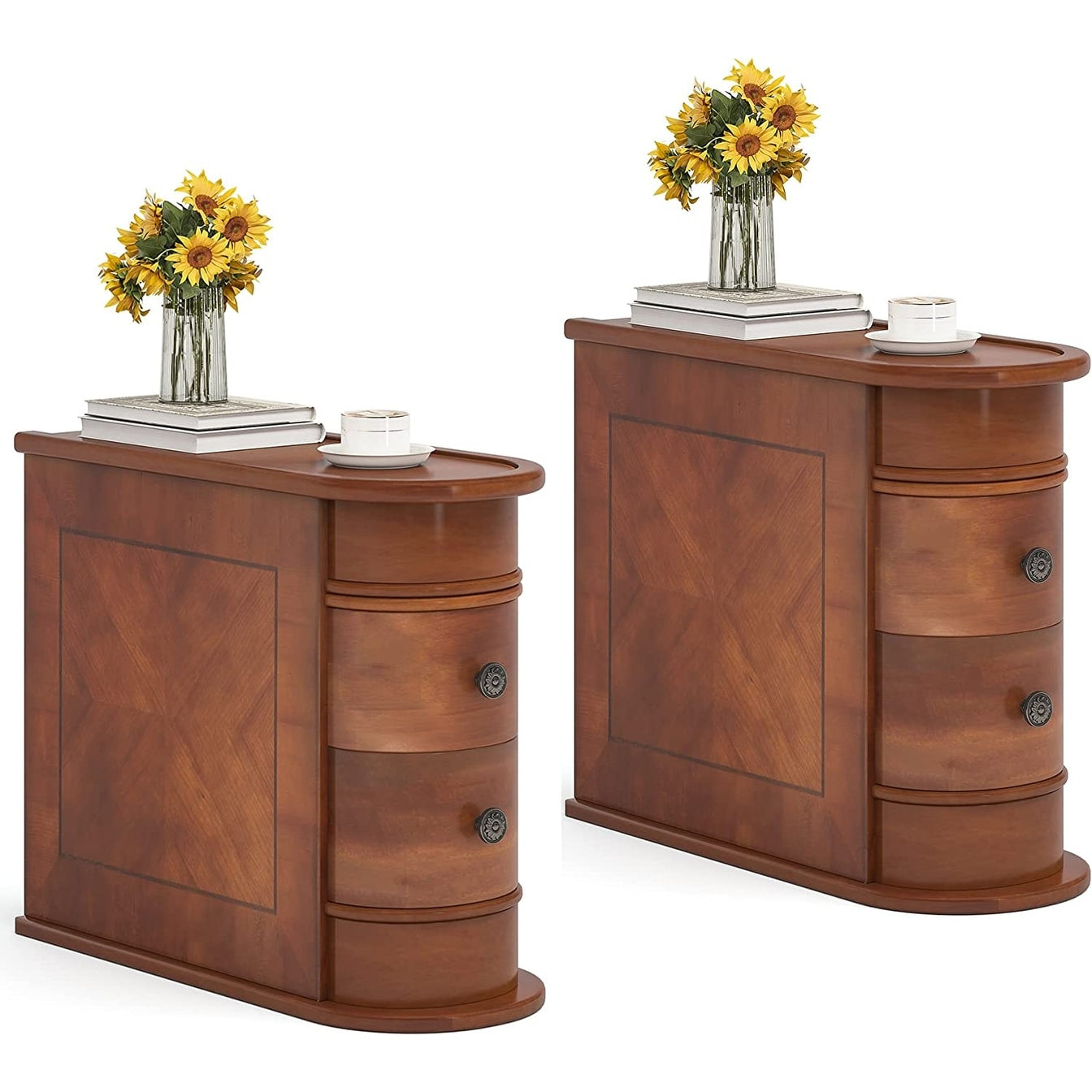 Table d'appoint en bois massif, table de chevet étroite à deux tiroirs, modèle Slim