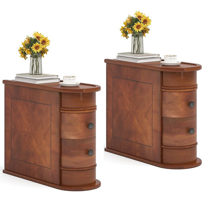 Table d'appoint en bois massif, table de chevet étroite à deux tiroirs, modèle Slim