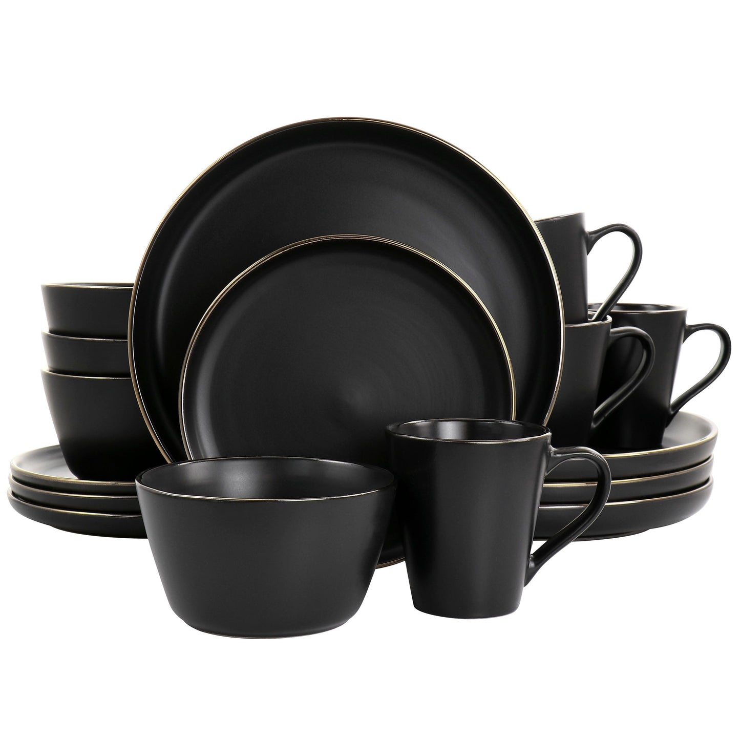 Service de table en grès 16 pièces noir avec bord doré