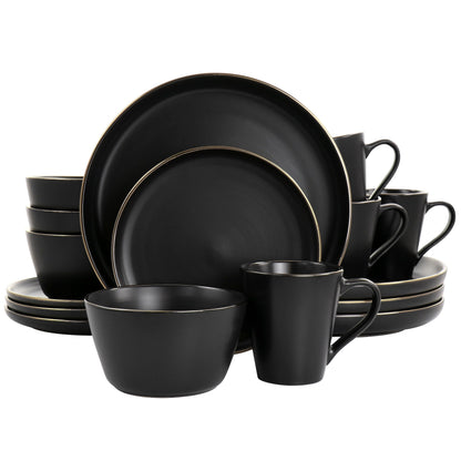 Service de table en grès 16 pièces noir avec bord doré