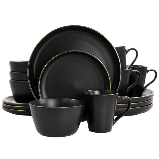 Service de table en grès 16 pièces noir avec bord doré