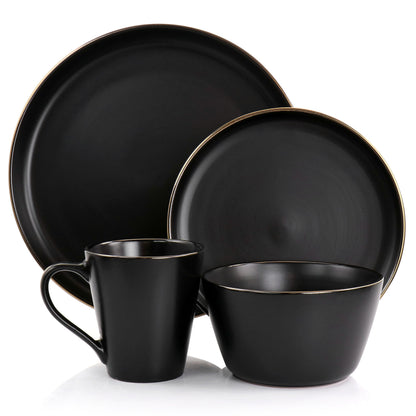 Service de table en grès 16 pièces noir avec bord doré