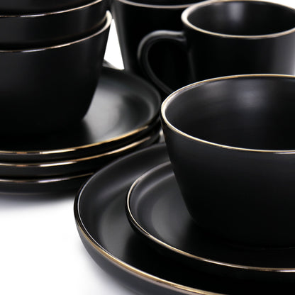 Service de table en grès 16 pièces noir avec bord doré