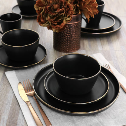 Service de table en grès 16 pièces noir avec bord doré