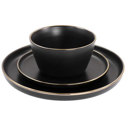Service de table en grès 16 pièces noir avec bord doré