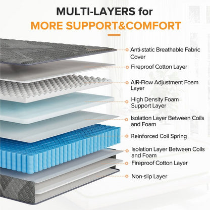 Matelas hybride en mousse à mémoire de forme avec gel, 25 cm (10 po), fermeté moyenne, SweDrea, respirant et rafraîchissant, certifié CertiPUR-US, SGS et OEKO-TEX.
