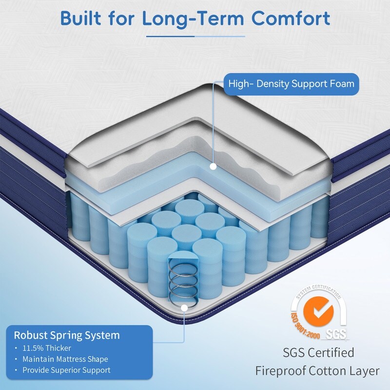 Matelas hybride à ressorts SweDrea de 25 cm (10 po) à refroidissement et respirabilité, fermeté moyenne, certifié CertiPUR-US, SGS et OEKO-TEX.