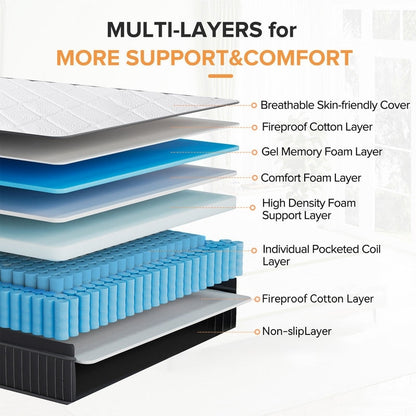 Matelas hybride en mousse à mémoire de forme avec gel, moelleux, de 30 cm (12 po) d'épaisseur, rafraîchissant et respirant, certifié CertiPUR-US, SGS et OEKO-TEX.