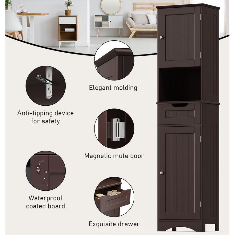 Armoire à linge de salle de bain étroite de 170 cm de hauteur, armoire de rangement autoportante en bois massif à 5 niveaux.