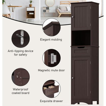 Armoire à linge de salle de bain étroite de 170 cm de hauteur, armoire de rangement autoportante en bois massif à 5 niveaux.