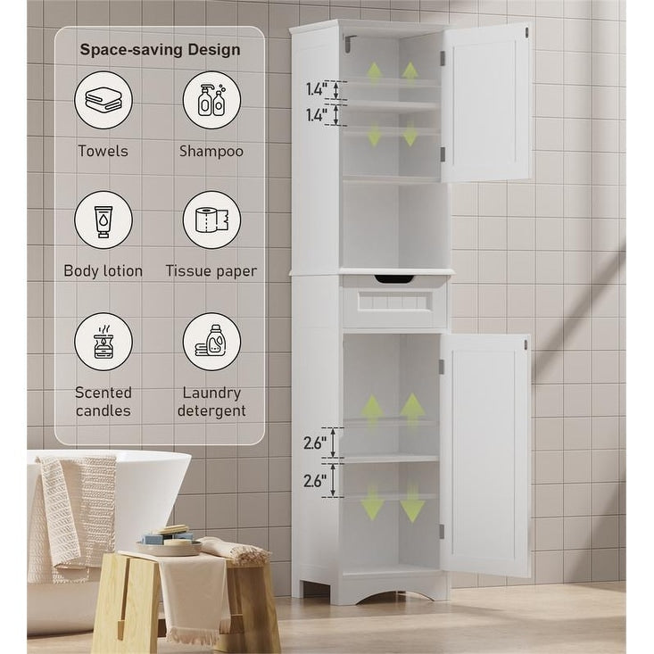 Armoire à linge de salle de bain étroite de 170 cm de hauteur, armoire de rangement autoportante en bois massif à 5 niveaux.