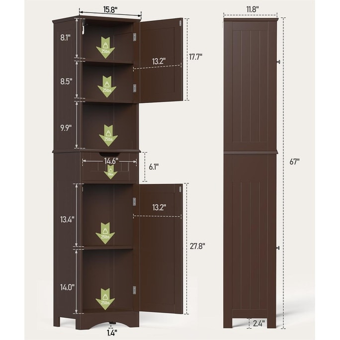 Armoire à linge de salle de bain étroite de 170 cm de hauteur, armoire de rangement autoportante en bois massif à 5 niveaux.