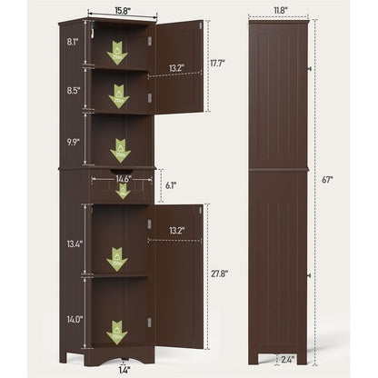 Armoire à linge de salle de bain étroite de 170 cm de hauteur, armoire de rangement autoportante en bois massif à 5 niveaux.