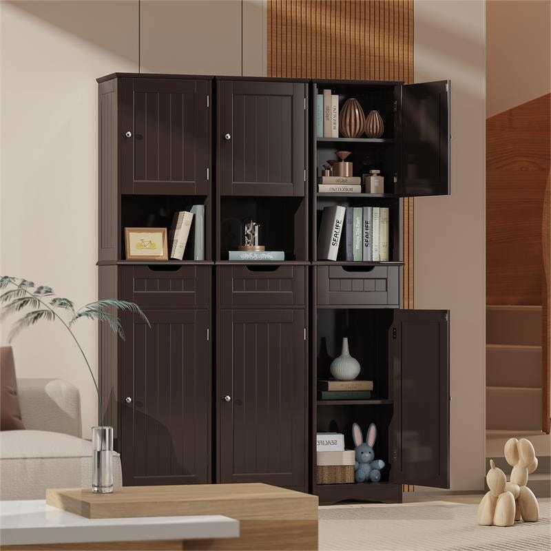 Armoire à linge de salle de bain étroite de 170 cm de hauteur, armoire de rangement autoportante en bois massif à 5 niveaux.