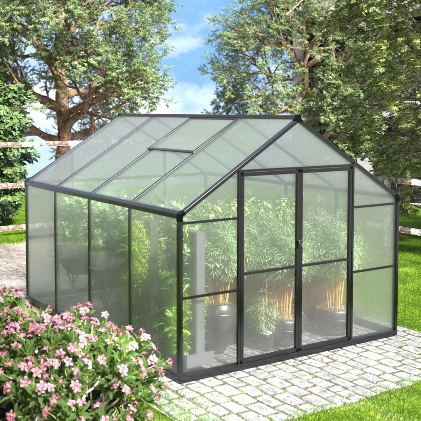 VEIKOUS Kit de serre de jardin en aluminium avec porte verrouillable et fenêtre de toit réglable, gris.