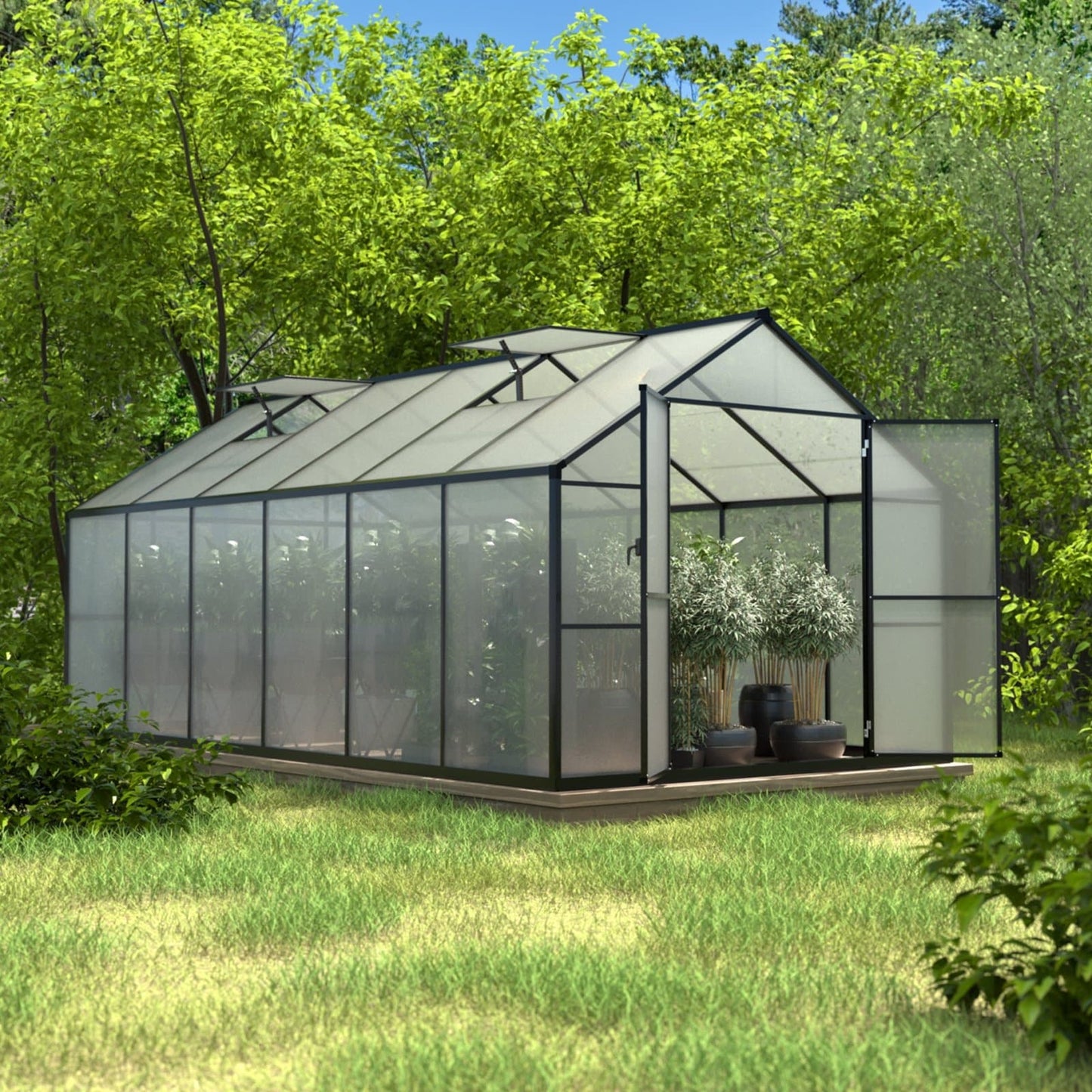 VEIKOUS Kit de serre de jardin en aluminium avec porte verrouillable et fenêtre de toit réglable, gris.