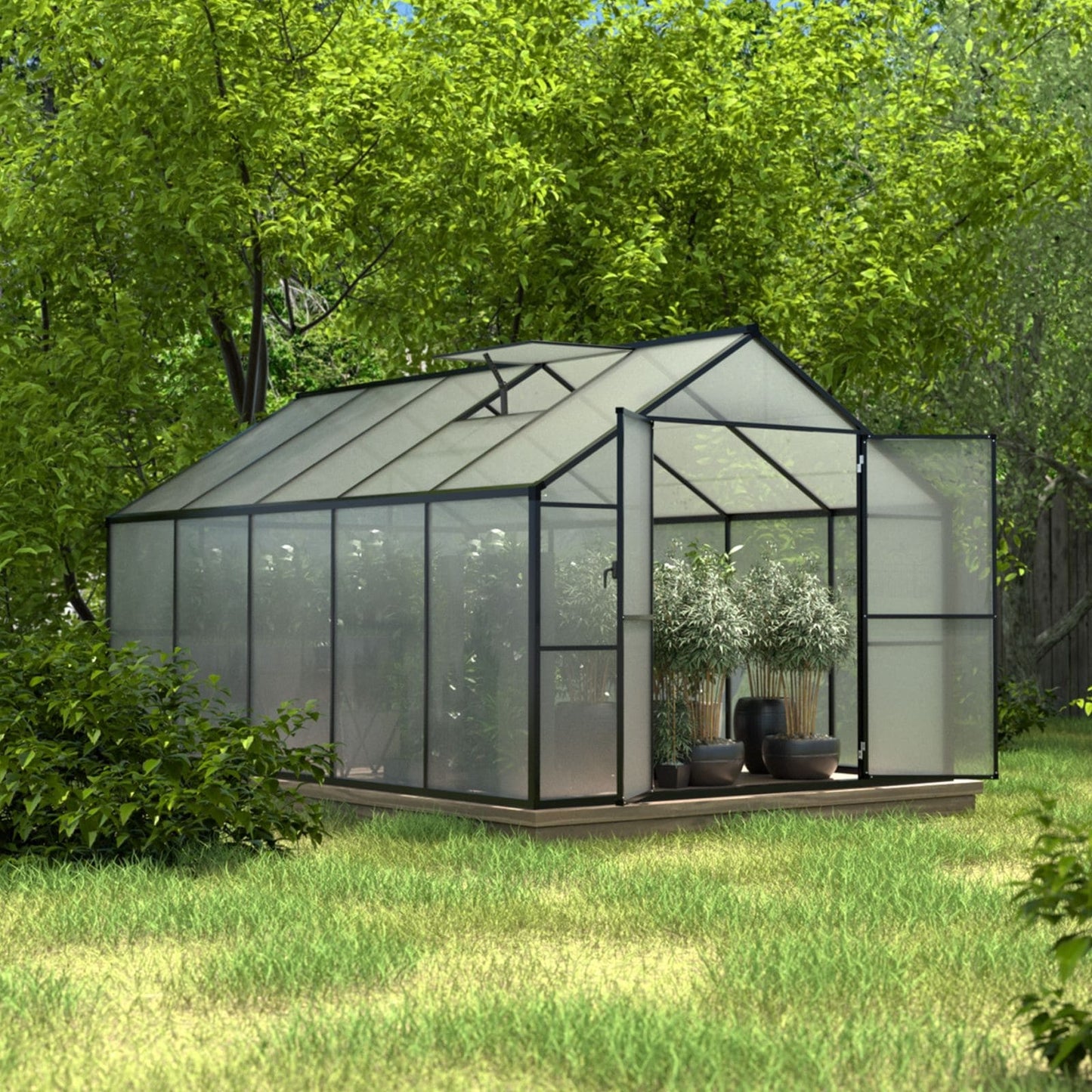 VEIKOUS Kit de serre de jardin en aluminium avec porte verrouillable et fenêtre de toit réglable, gris.