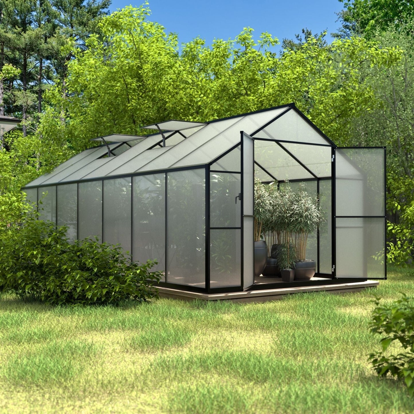 VEIKOUS Kit de serre de jardin en aluminium avec porte verrouillable et fenêtre de toit réglable, gris.