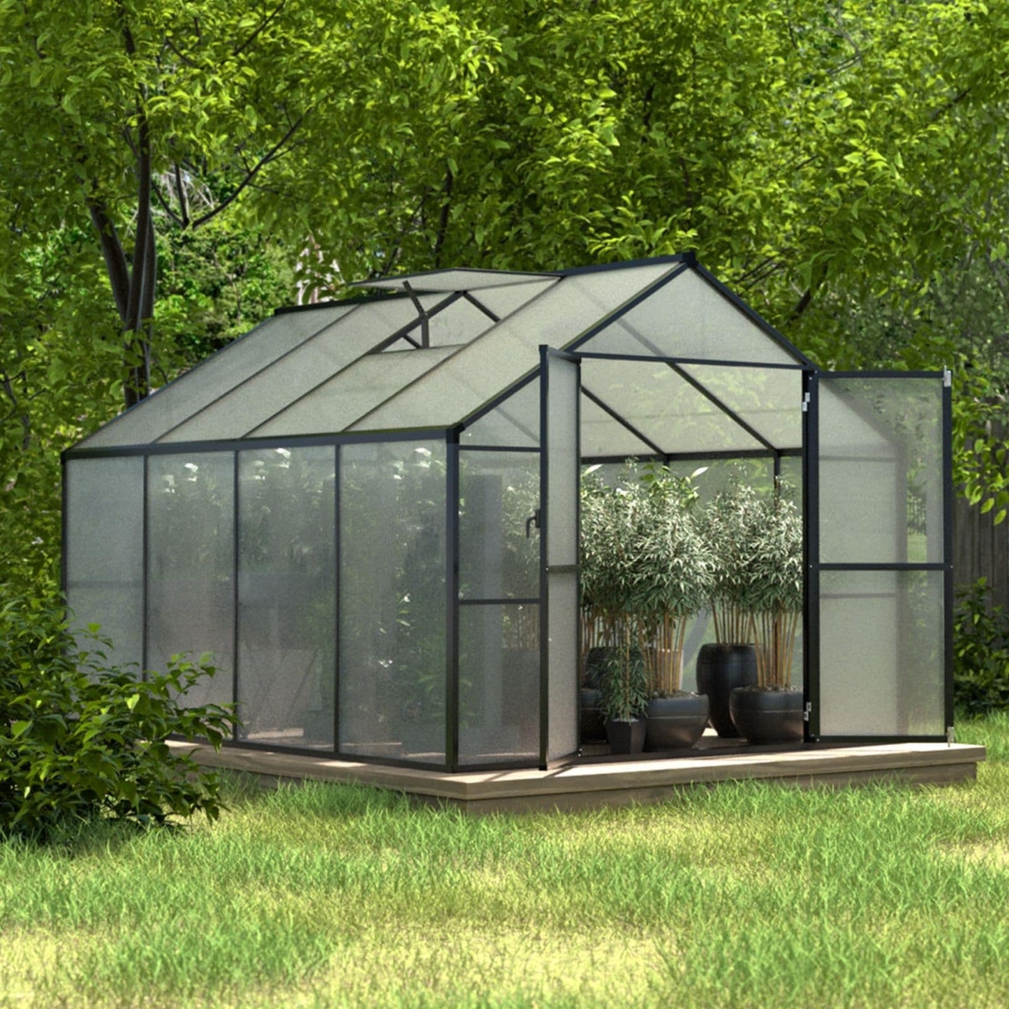 VEIKOUS Kit de serre de jardin en aluminium avec porte verrouillable et fenêtre de toit réglable, gris.