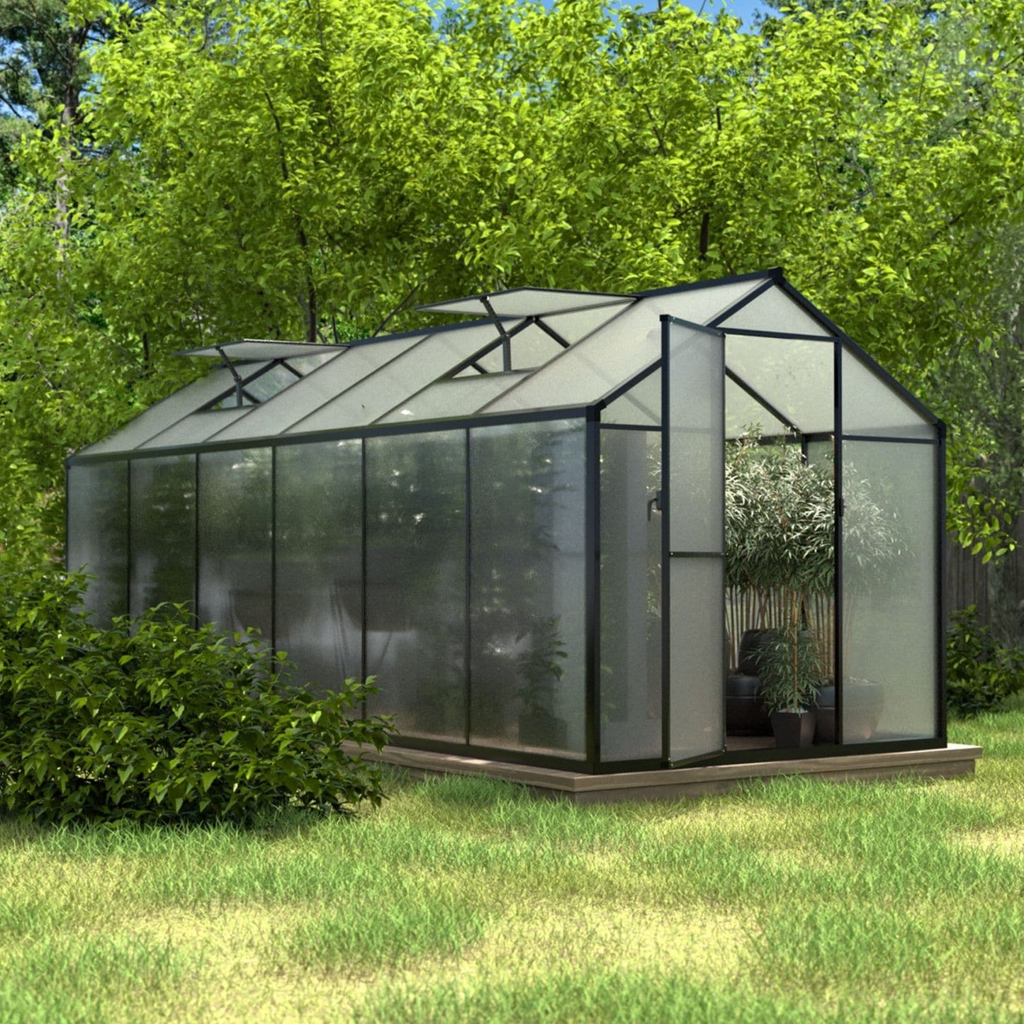 VEIKOUS Kit de serre de jardin en aluminium avec porte verrouillable et fenêtre de toit réglable, gris.