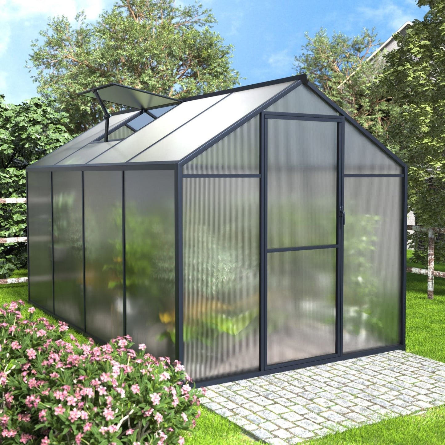 VEIKOUS Kit de serre de jardin en aluminium avec porte verrouillable et fenêtre de toit réglable, gris.