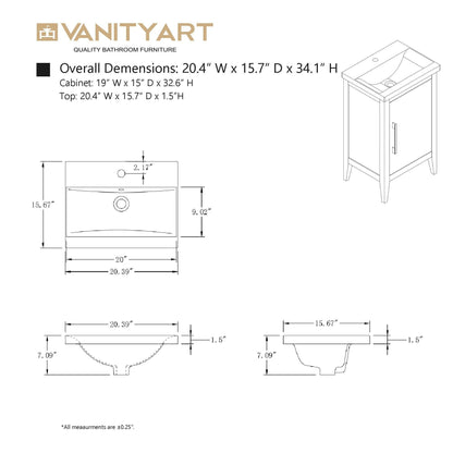 Meuble-lavabo de salle de bain Vanity Art avec lavabo simple, plateau en céramique, disponible en 20, 24 ou 30 pouces.