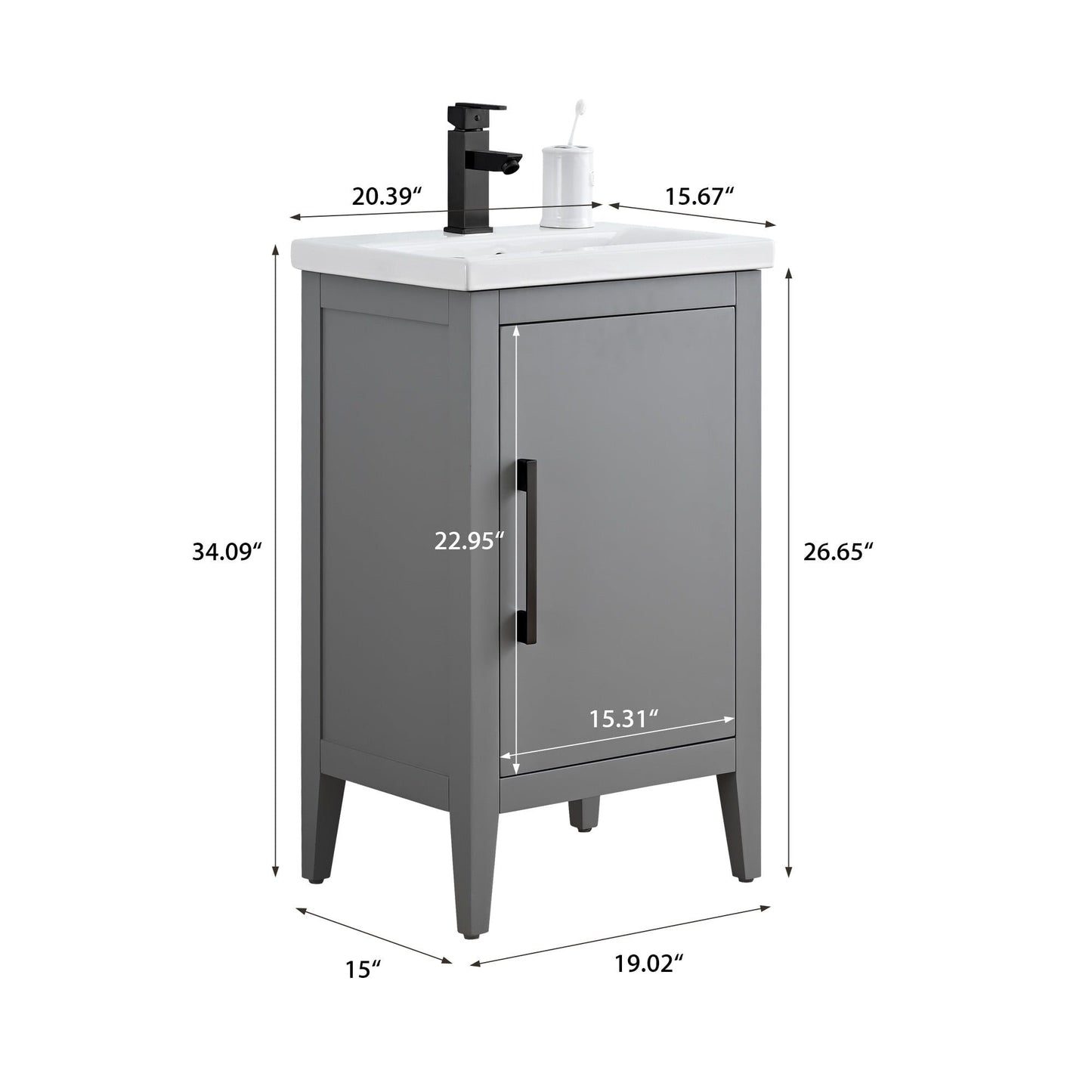Meuble-lavabo de salle de bain Vanity Art avec lavabo simple, plateau en céramique, disponible en 20, 24 ou 30 pouces.