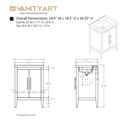 Meuble-lavabo de salle de bain Vanity Art avec lavabo simple, plateau en céramique, disponible en 20, 24 ou 30 pouces.